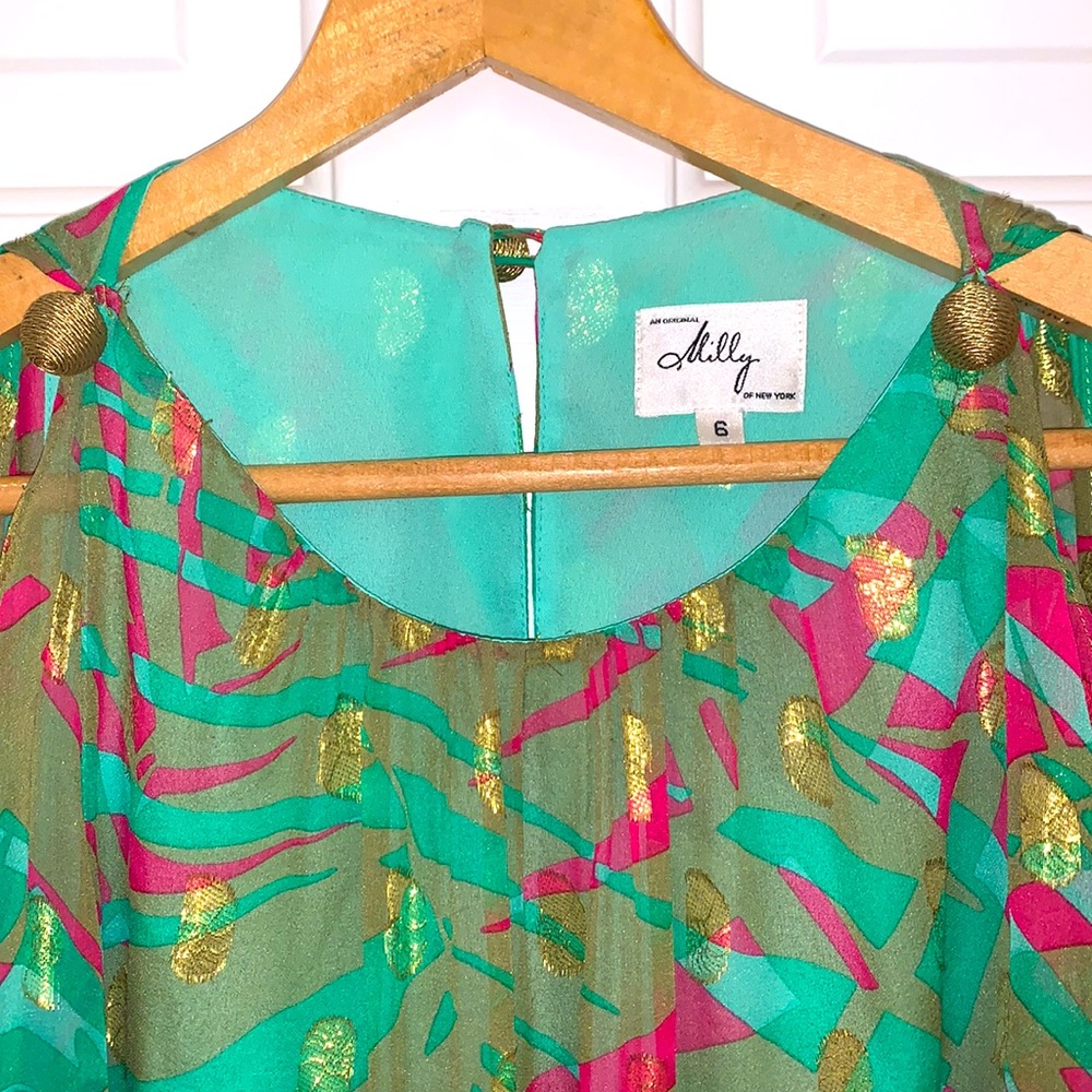 Milly New York Blouse Resort Silk Tropical Green Pink Gold Womens Size 6 - Picture 10 of 16